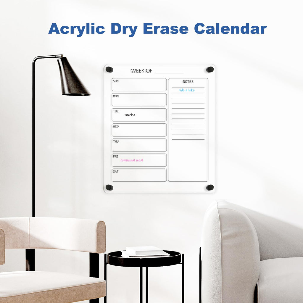 Acrylic Calendar for Wall Whiteboard, 12" x 12" Weekly Clear Dry Erase Board, Small Planning Board White Board for Wall, Home, Office, School