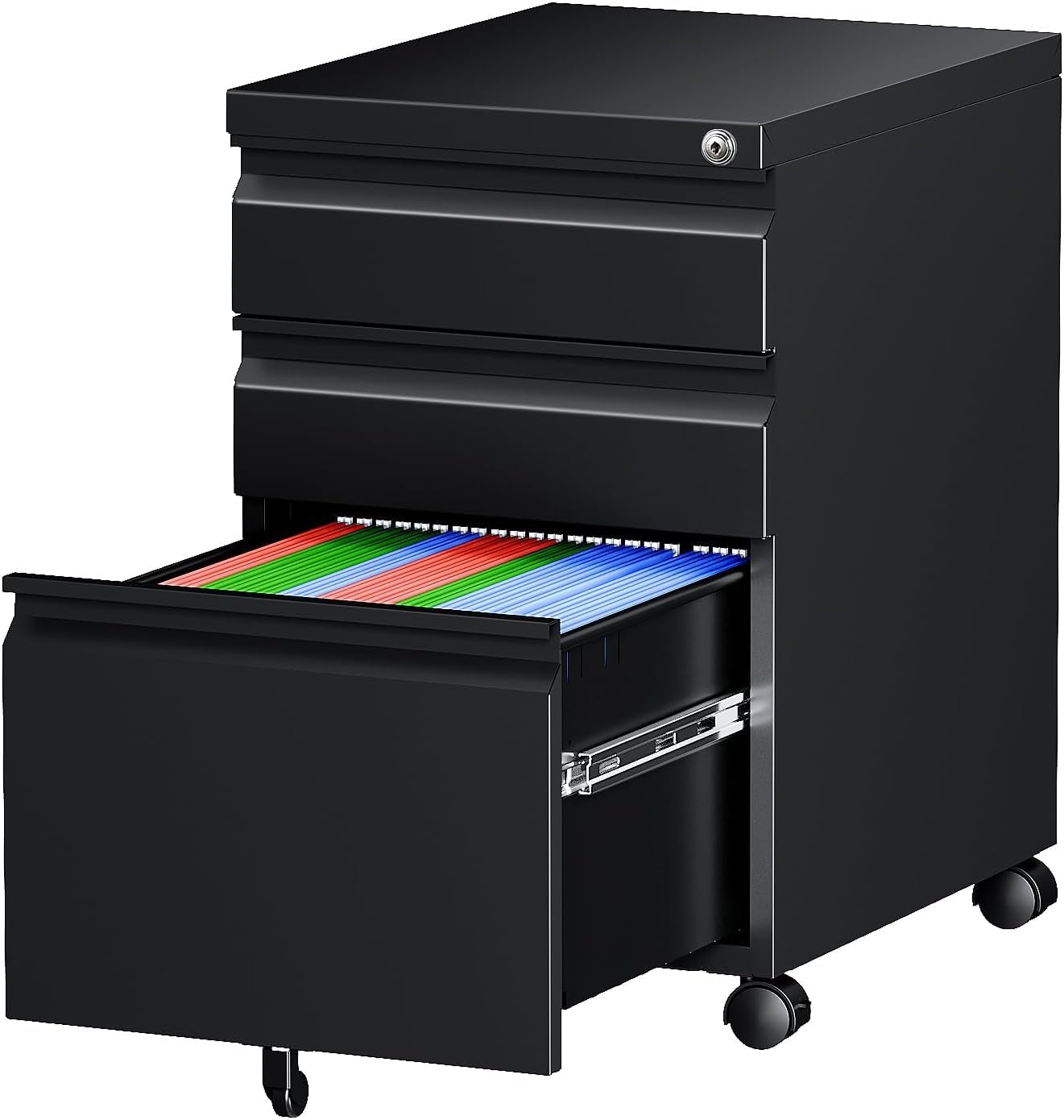 Letaya 3 Drawer Mobile File Cabinet with Lock,Under Desk Metal Small Filing Cabinets for Home Office Organizer Letters/Legal/A4(Fully Assembled Except Wheels-Black)