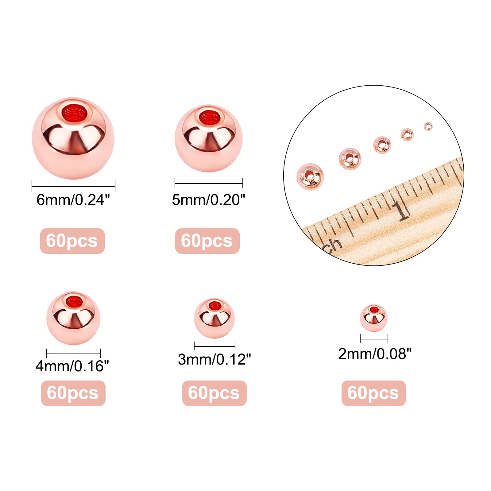 PH PandaHall 14K Gold Plated Spacer Beads, 300pcs Round Brass Beads 5 Size Metal Smooth Beads Seamless Ball Beads Long-lasting Little Beads for Summer Bracelet Necklace Jewelry DIY Crafts(2/3/4/5/6mm)