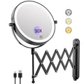 FUNTOUCH Rechargeable Cosmetic Mirror with 1X/30X Magnification, 4000 mAh, 3 Colours Lighting, Extended Arm Makeup Mirror, 360° Rotatable Wall Mirror for Bathroom and Hotel (Black)