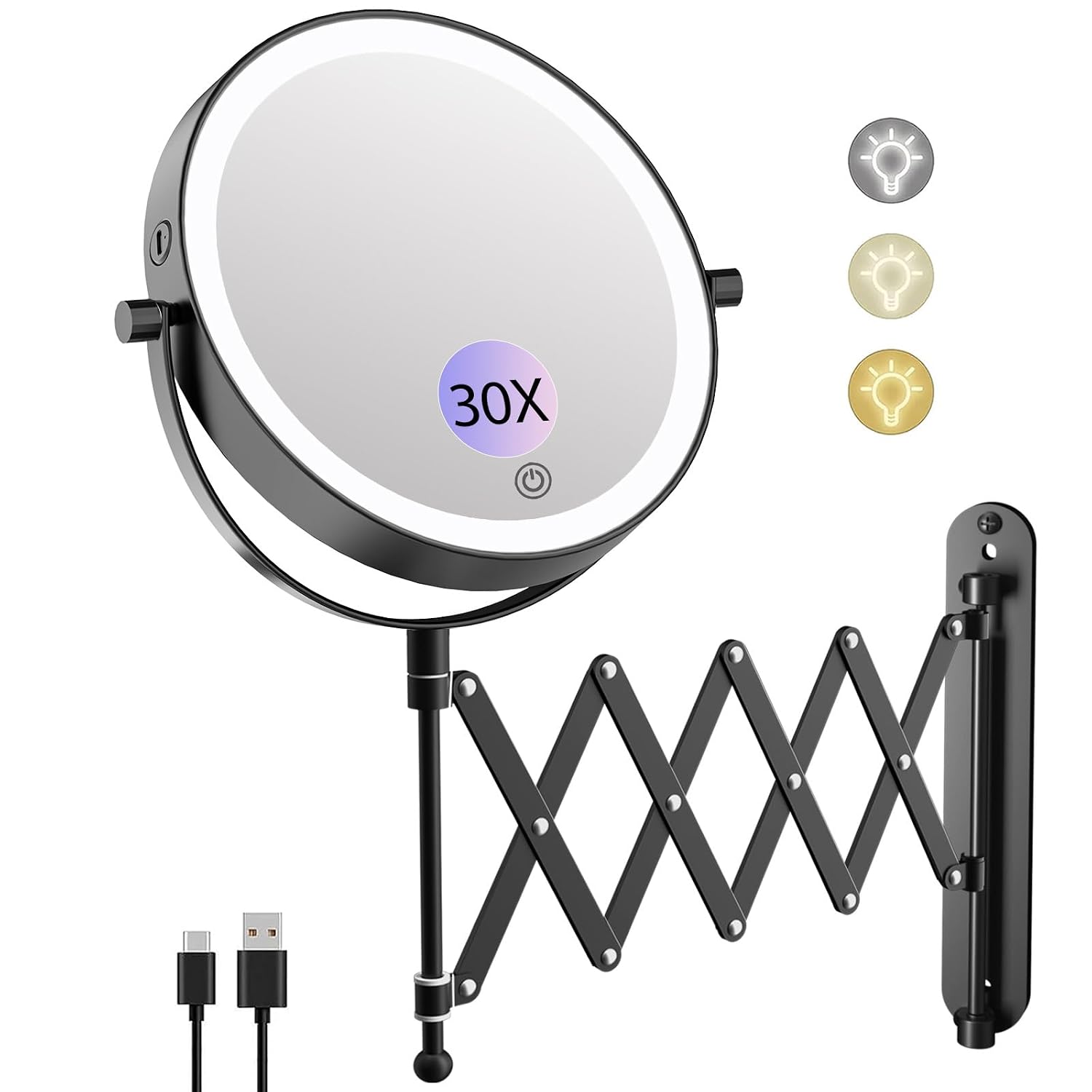 FUNTOUCH Rechargeable Cosmetic Mirror with 1X/30X Magnification, 4000 mAh, 3 Colours Lighting, Extended Arm Makeup Mirror, 360° Rotatable Wall Mirror for Bathroom and Hotel (Black)