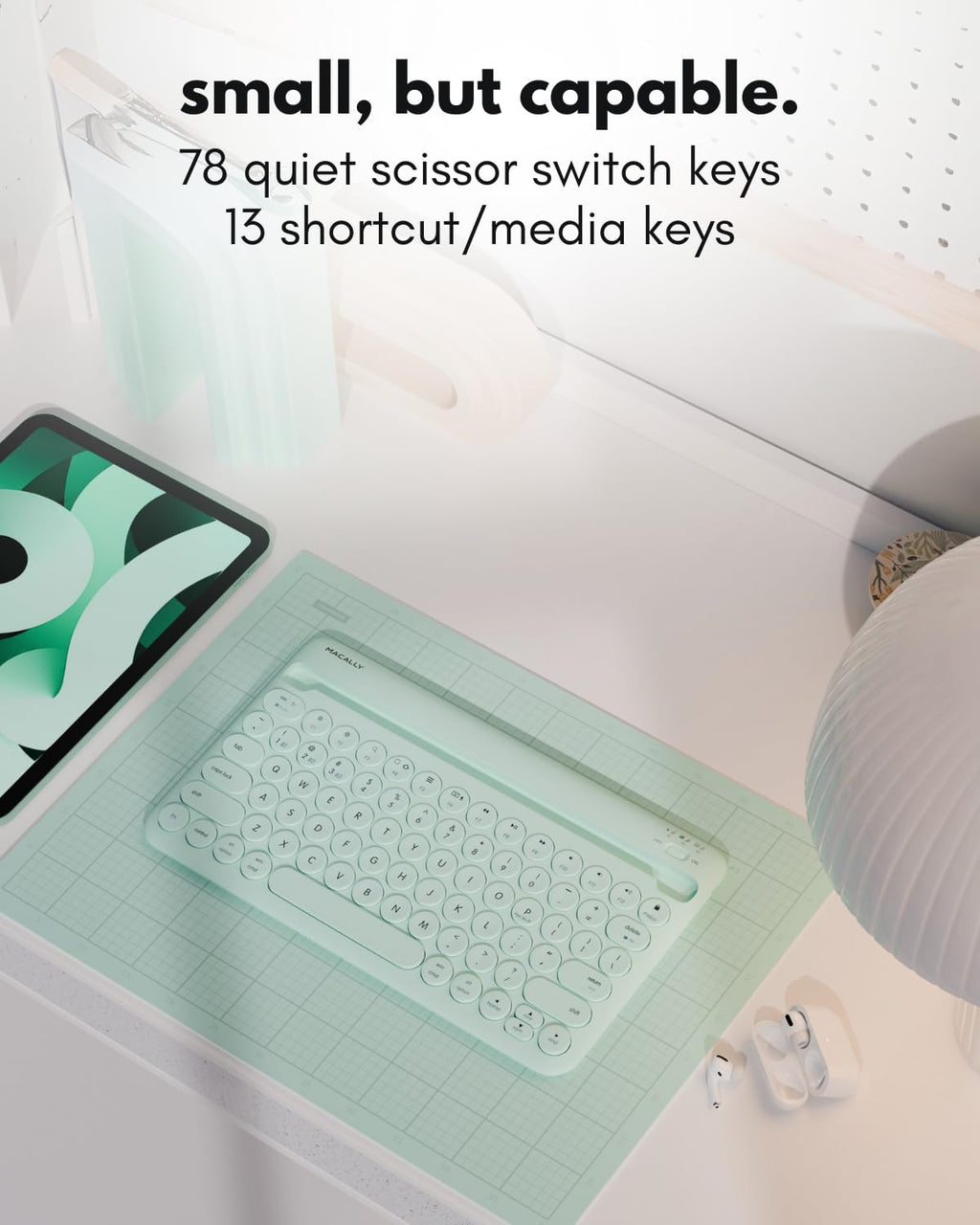 Macally Bluetooth Keyboard for Tablet | Wireless Keyboard for iPad mini/Air/Mini, iPhone (Multi-Device, Built-in Stand, Rechargeable) Easy to Use and Cute Portable