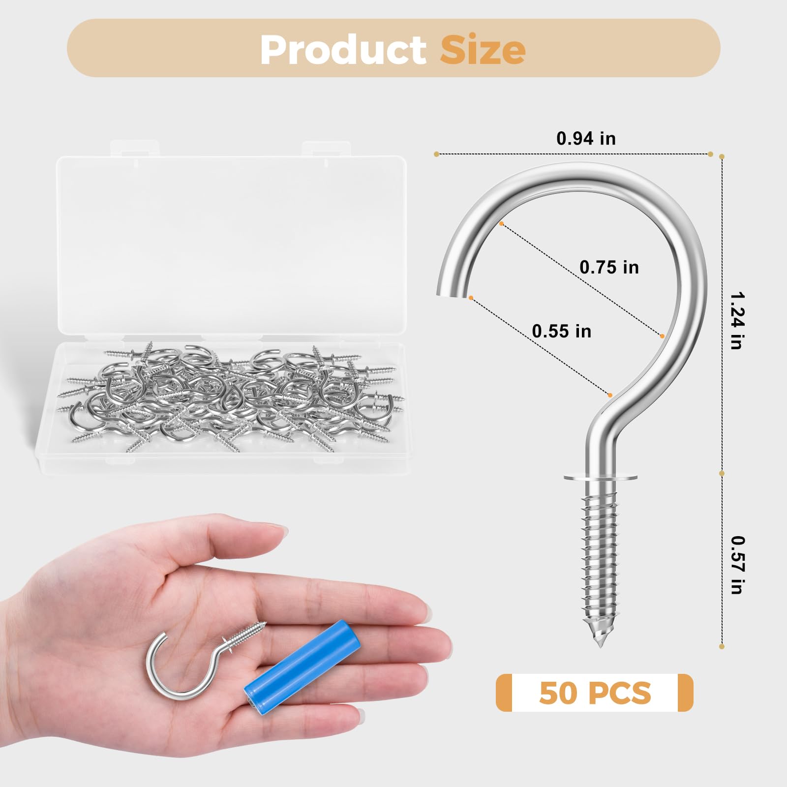 RELBRO Screw Hooks, 1-1/4 Inch Metal Screw in Cup Hooks, Black, 50 Pcs
