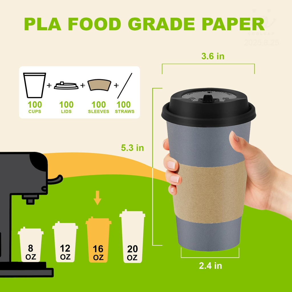 16 oz 100 Pack Corrugated Ripple Wall Disposable Coffee Cups with Lids and Straws, Heavy Duty Insulated Cups for Hot Beverage or Cold Drinks, Bulk for Restaurants, Offices, Coffee Shops(Black)