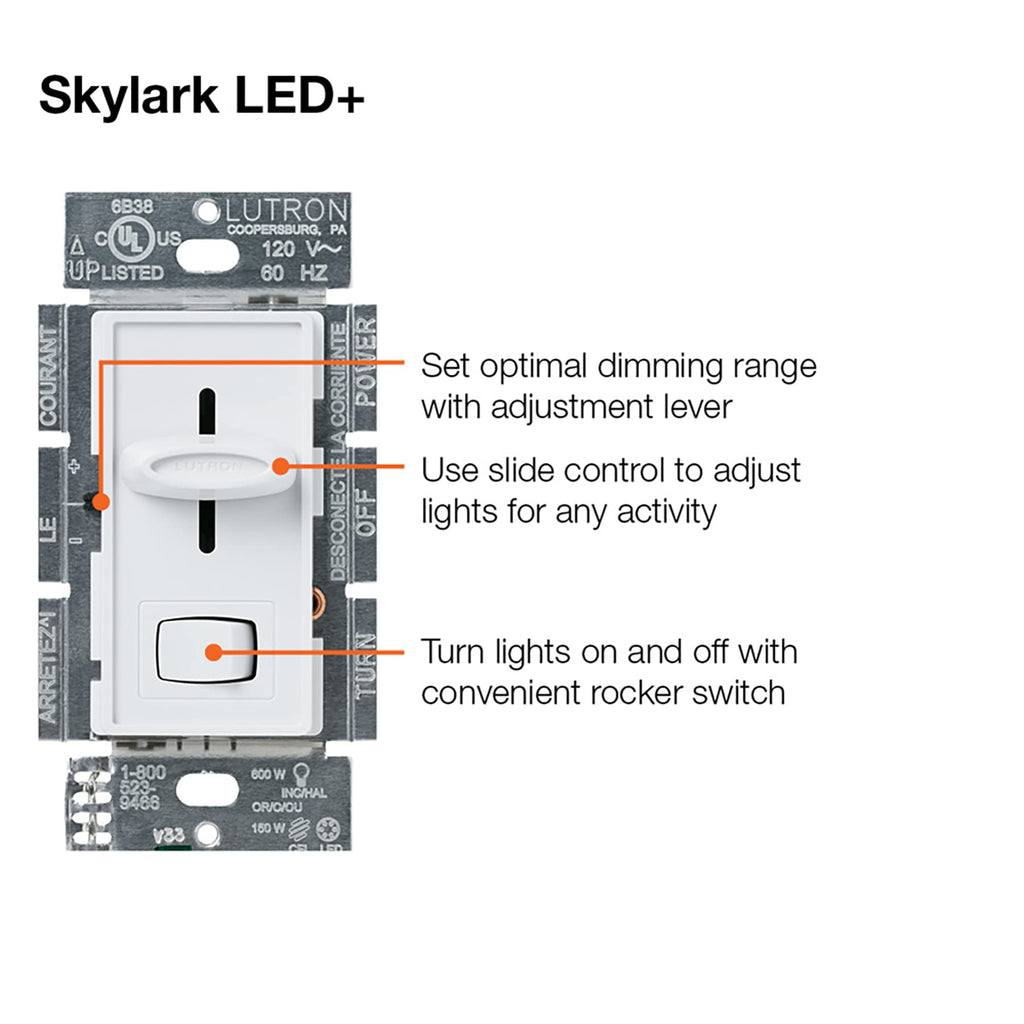 Lutron Skylark LED+ Dimmer Switch for Dimmable LED, Lutron Dimmer Switch For Halogen and Incandescent Bulbs, 150W/Single-Pole or 3-Way, SCL-153P-AL, Almond