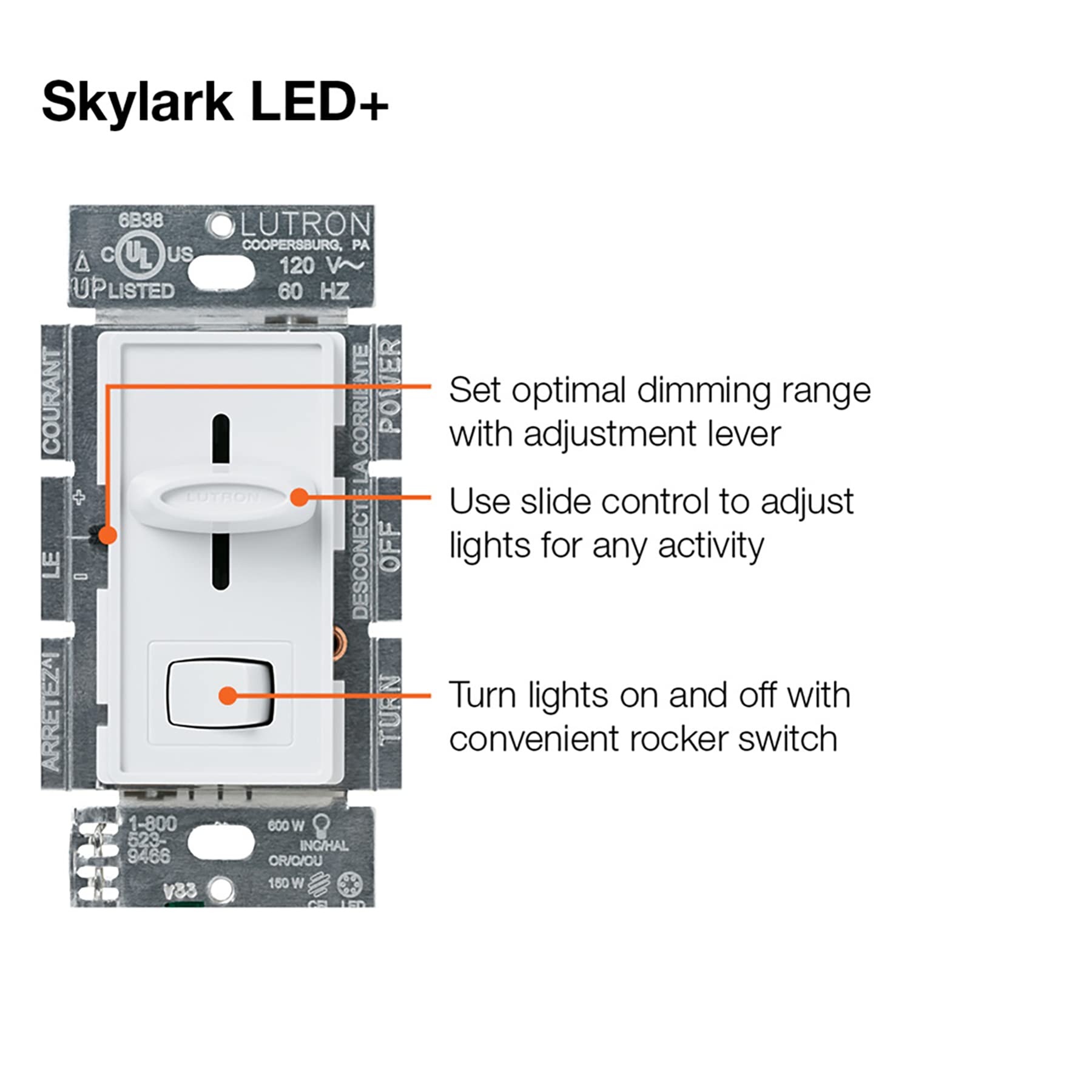 Lutron Skylark LED+ Dimmer Switch for Dimmable LED, Lutron Dimmer Switch For Halogen and Incandescent Bulbs, 150W/Single-Pole or 3-Way, SCL-153P-AL, Almond