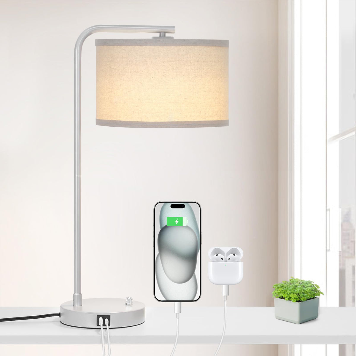 Table Lamps Set of 2, Fully Dimmable Bedside Lamp with USB C+A Charging Ports, Modern Nightstand Lamps with Linen Fabric Shades, Tall Desk Lamp for Bedroom, Living Room, Office, LED Bulb Included