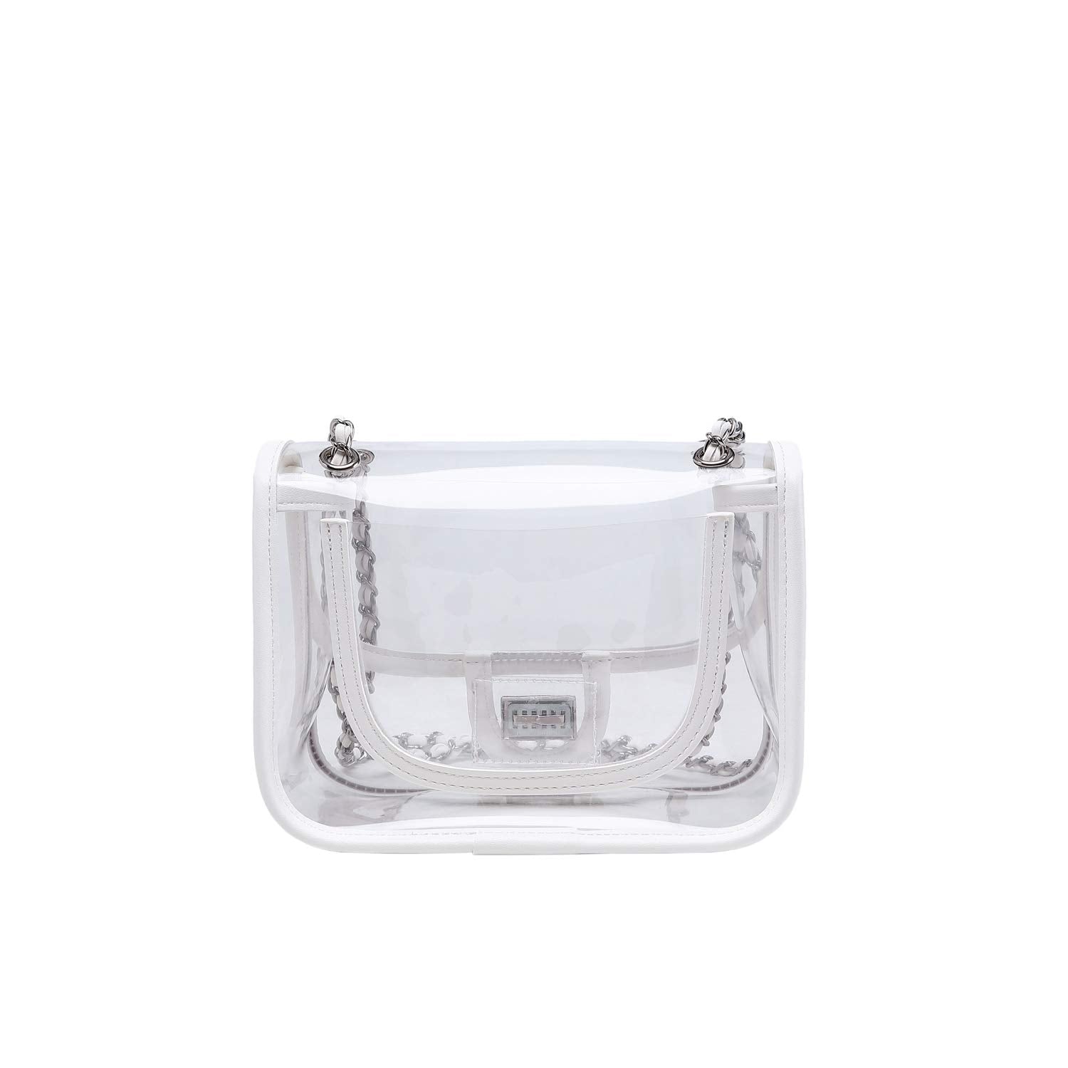 Womens PVC Clear Purse Handbag with Chain Stadium Approved Clear Bag See Through Bag for Working and Concert
