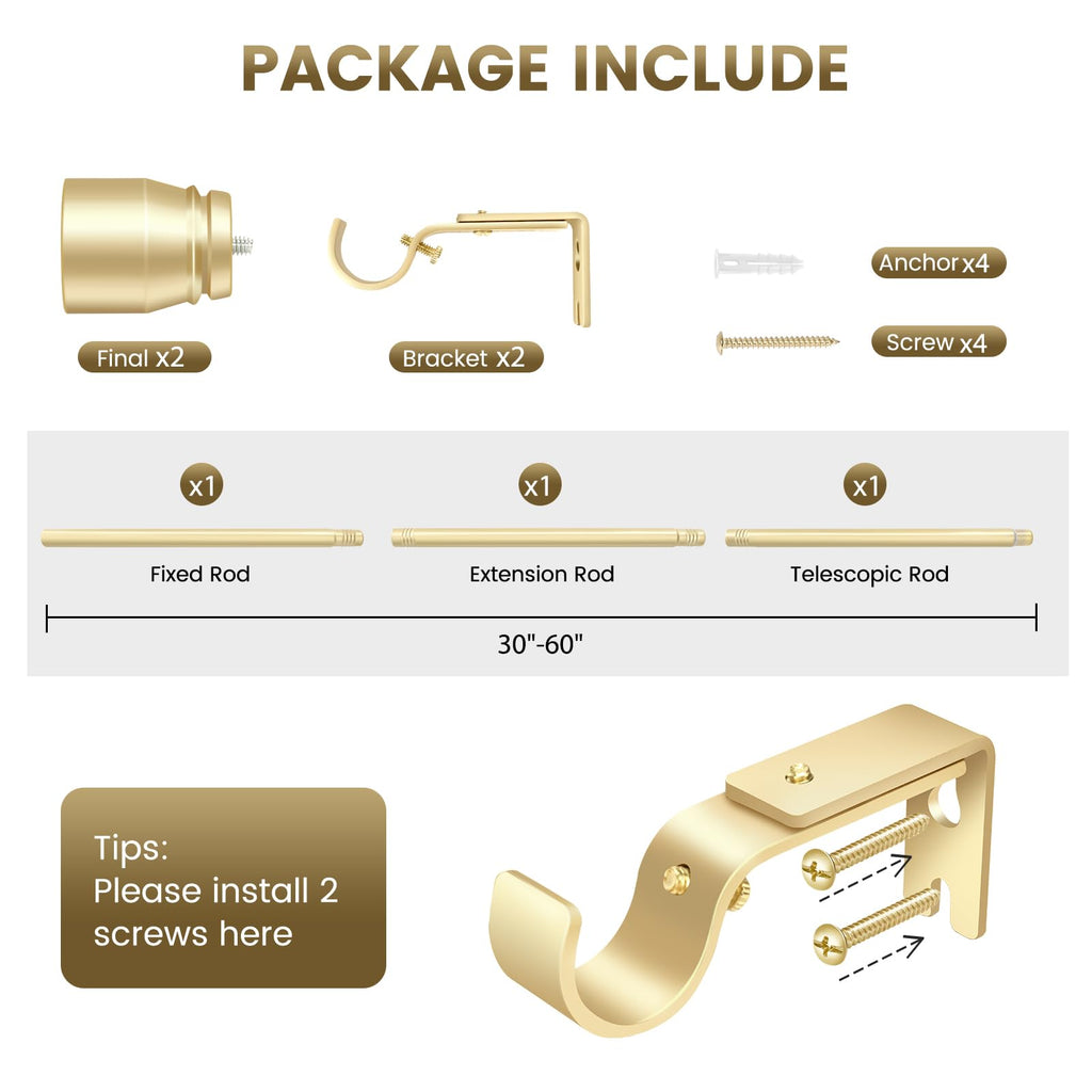 1” Diameter brown curtain rod Itself is 30 to 60 inch. 1 Pack Fits 30-54 inch Windows with Heavy Duty Adjustable brown curtain rods Splicing Metal Extra Long Curtain Rod