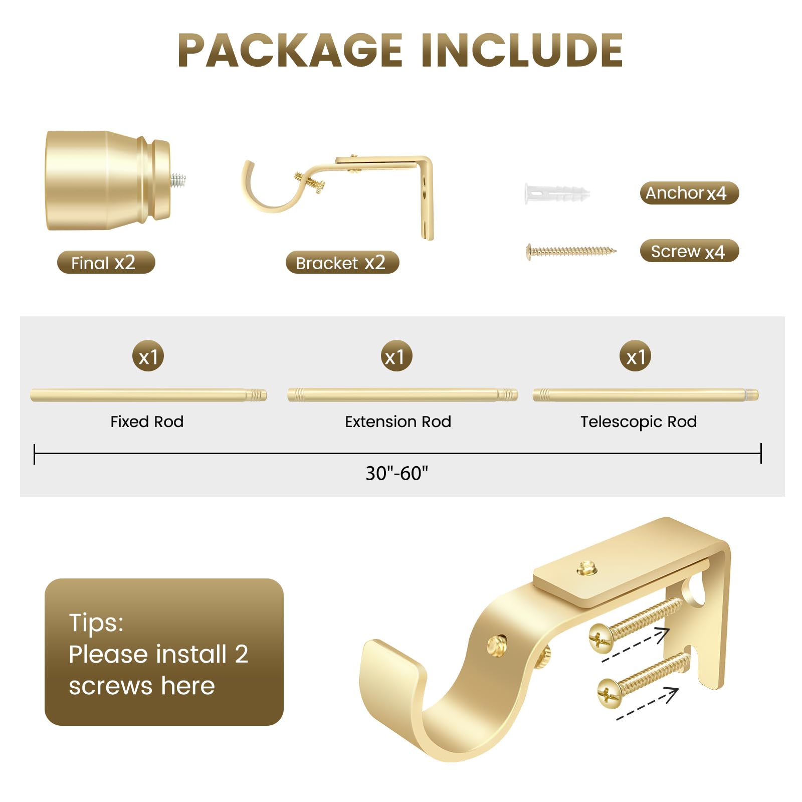 1” Diameter brown curtain rod Itself is 30 to 60 inch. 1 Pack Fits 30-54 inch Windows with Heavy Duty Adjustable brown curtain rods Splicing Metal Extra Long Curtain Rod