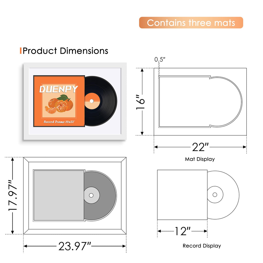 DUENPY Vinyl Record Display Frame 16x22 Inches Display Record Album and 12.5x12.5 Album Cover Art（Black Bottom Mat） Wall Mount