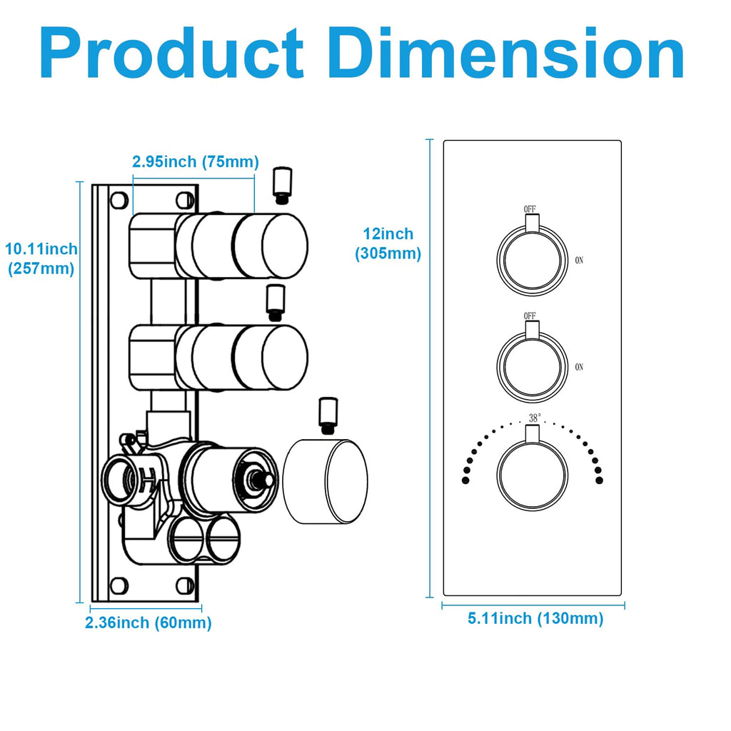 HOMEDEC 2 Way Shower Diverter Valve Brass Dual Functions Thermostatic Shower Mixing Valve Kit 3 Handle Flow Control Valve, 3/4 Inch Inlet, Can Use All Options At a Time, Matte Black