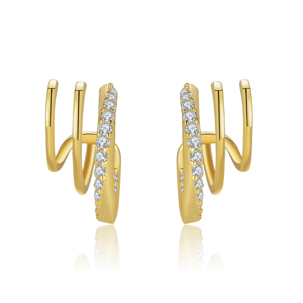 Obidos 14K Gold Plated Illusion Stud Earrings for Women | Triple Huggie Hoop Earrings for One Hole| Trendy Simple Hypoallergenic Fashion Accessories Gold Jewelry Gifts for Womens