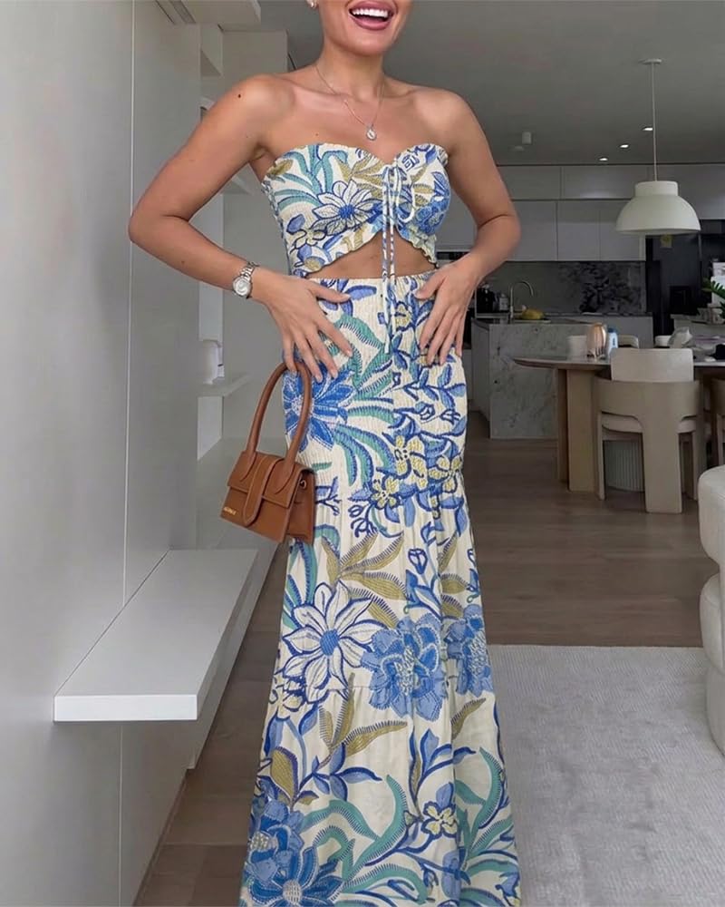 CHICME Floral Printed Vacation Dress Halter Tie Ruched Shirred Bandeau Party Dress Slim Ruffle Hem Wedding Guest Dress