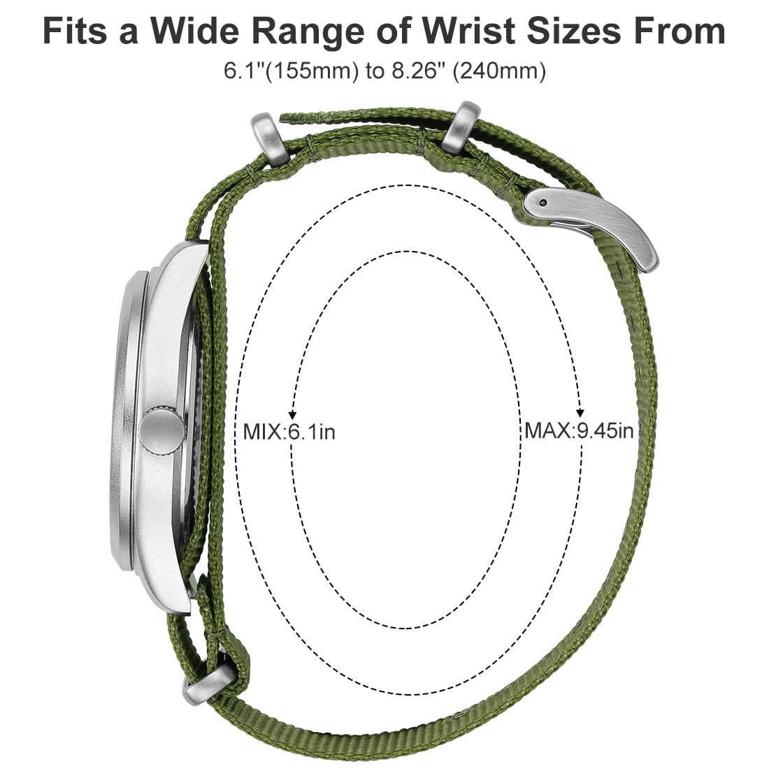 GOLDEN HOUR Men's Nylon Slip-Thru Strap Watch with Military Time Easy Read Dial Glowing Hands