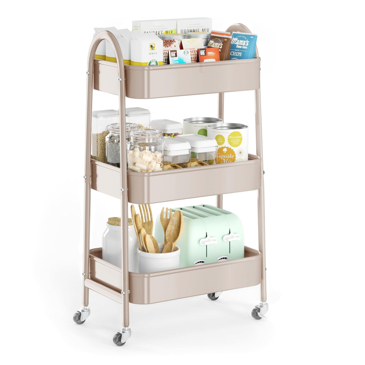 EAGMAK 3 Tier Rolling Cart, Large Metal Storage Cart with Handle and Lockable Wheels, Big Multifunctional Storage Organizer Trolley with Mesh Baskets for Kitchen, Living Room, Office, Garage (Beige)