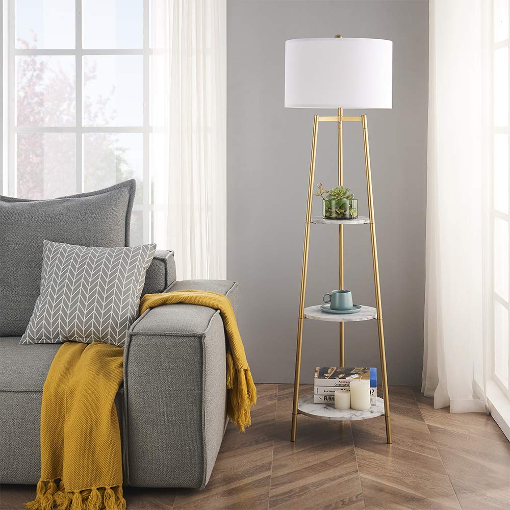 ROSEN GARDEN Floor Lamp, Standing Reading Light with Shelves and Fabric Shade, Modern Tall Pole Lamp, Accent Furniture Décor Lighting for Living Room, Bedrooms (Gold, 4-Tier)