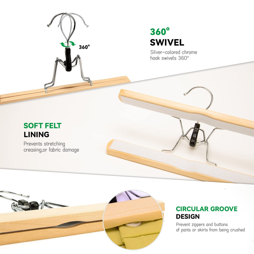 Nature Smile Wooden Pants Skirt Hangers, Smooth Finish Solid Wood Non Slip Jeans Slack Clamp Hangers Hair Extension Hangers (10 Pack Cherry)…