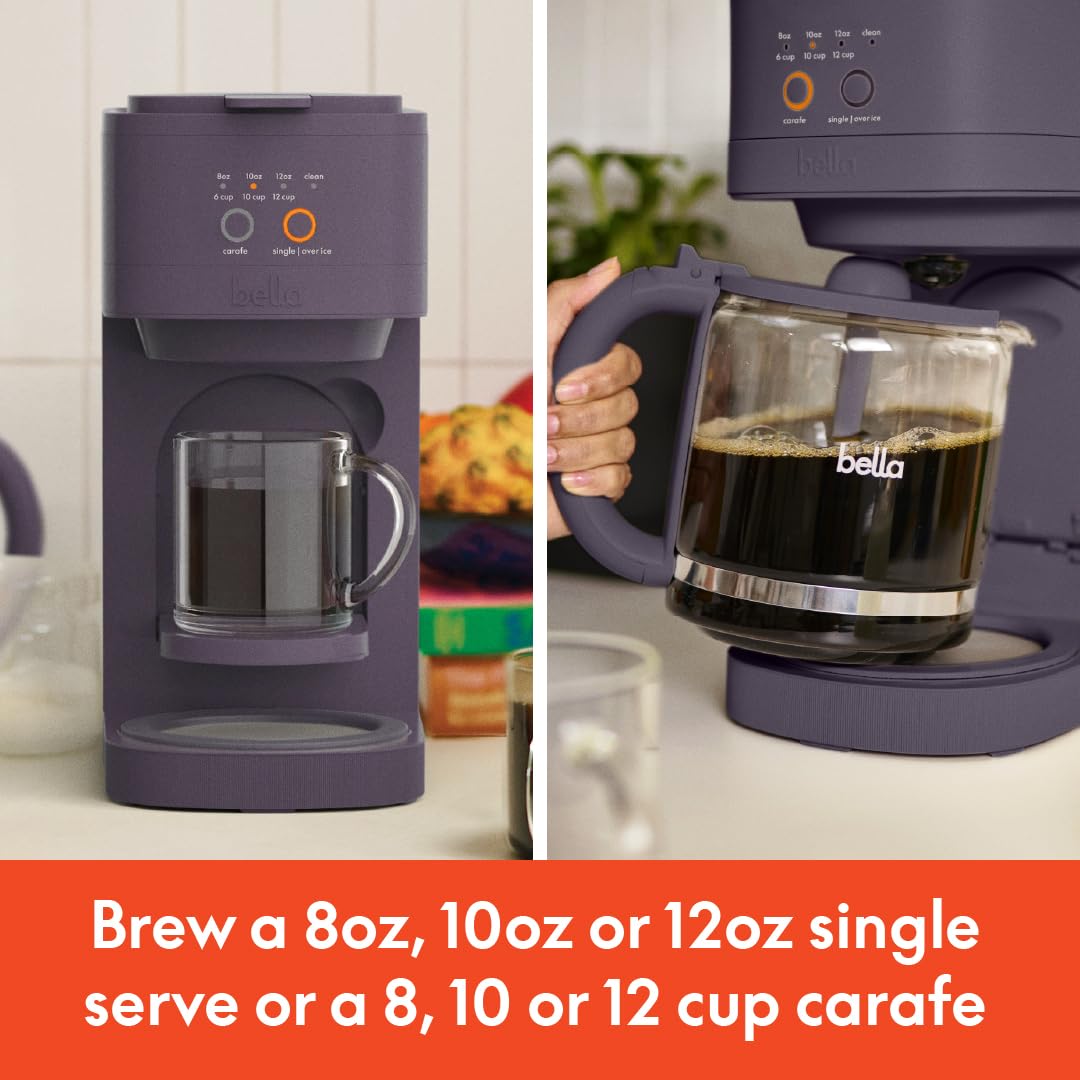 BELLA VersaBrew 2-in1 Coffee Maker, K-Cup compatible, Brew 3 Sizes Carafes & Single Serve Cups, Dishwasher Safe Reusable Filter & Filter Holder, Iced Coffee Function, 60oz Tank, Blossom