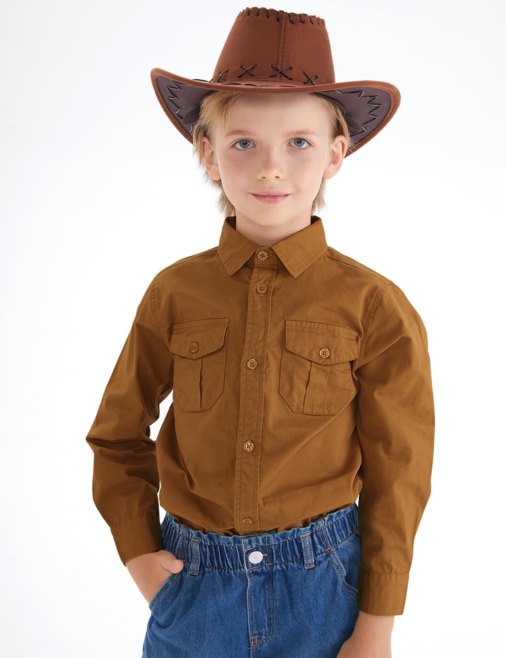 Spring&Gege Boys' Long Sleeve Button Down Shirt for Kids Woven Solid Two Pockets