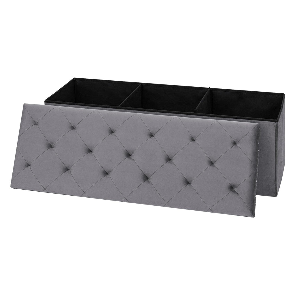 PINPLUS Folding Storage Ottoman Bench, Folding Velvet Tuffed Foot Rest Stool with Rivet, End of Bed Bench Large Long Shoes Chest for Bedroom Entryway Living Room, Beige, 41.3 Inches