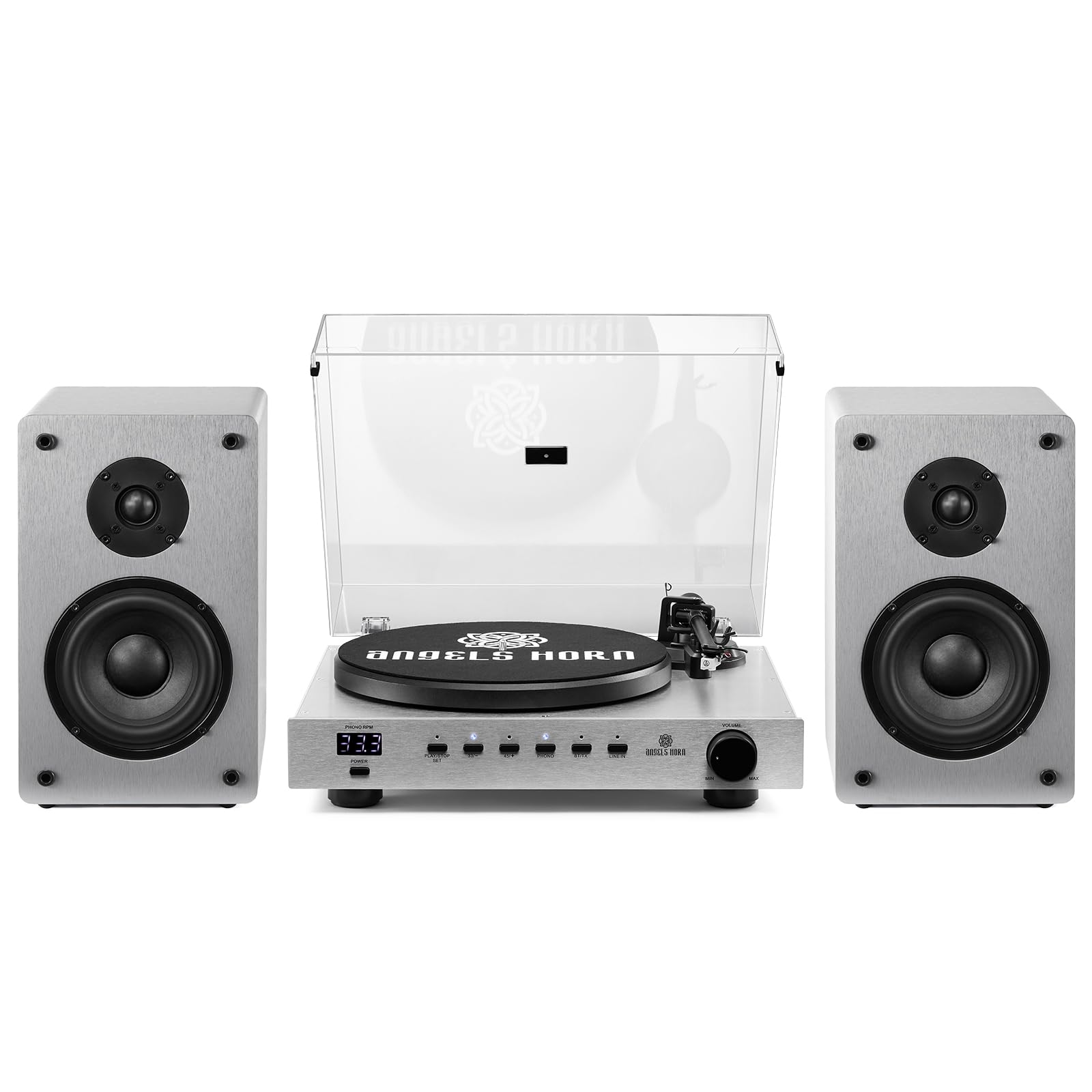 ANGELS HORN Bluetooth Turntable with Speakers, Vinyl Record Player System with AT-3600L, Built-in Phono Preamp, Belt Drive 2-Speed, Adjustable Counterweight, Pitch Control Hi-Fi Record Player System