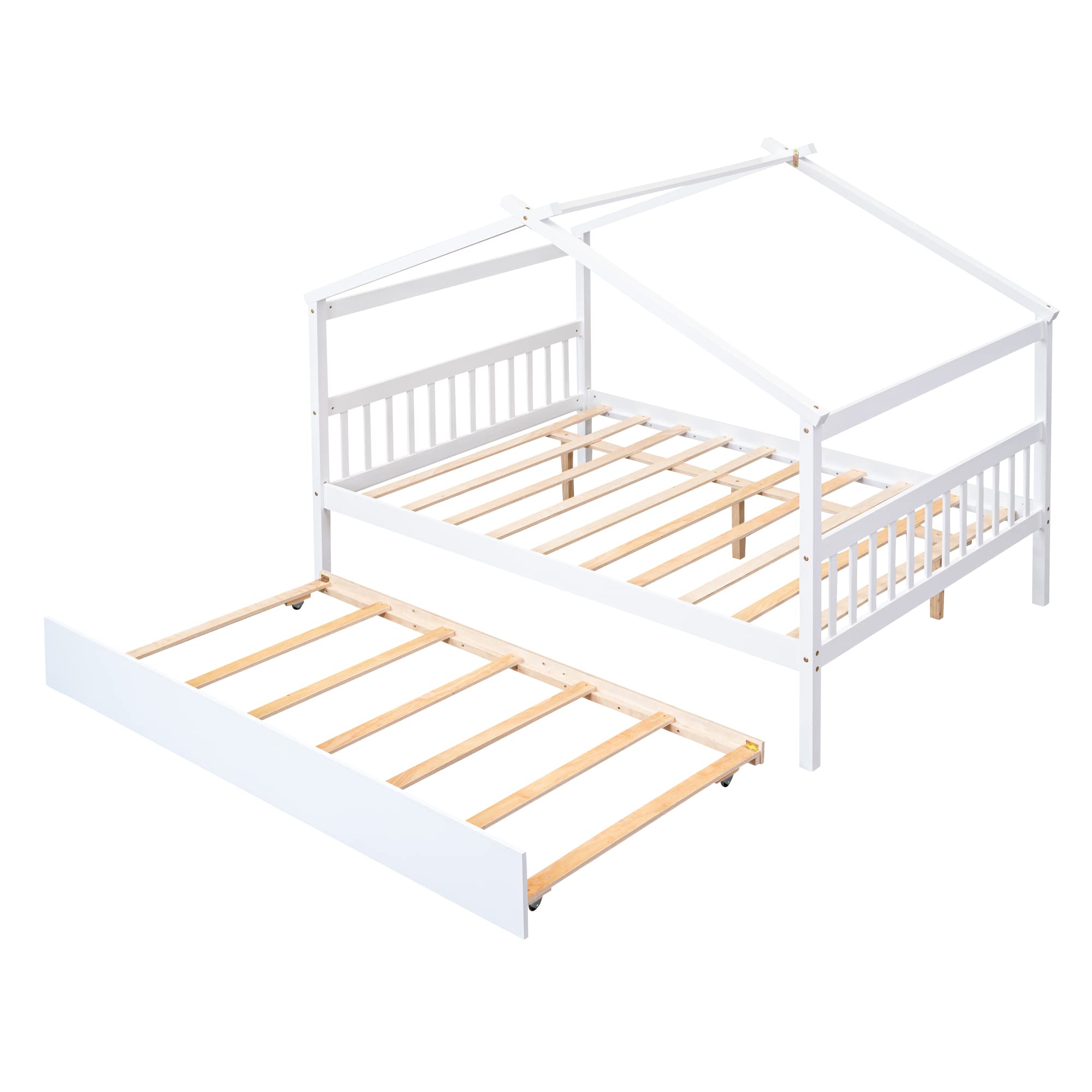 Merax Twin Size Wooden House Bed with Two Drawers, Wood Bed Frame with Roof for Kids, Teens, Boys or Girls, Grey