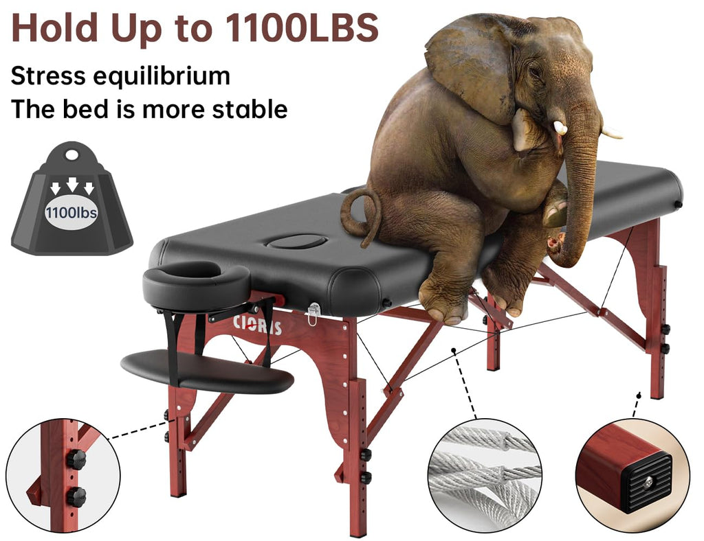 CLORIS 84" Professional Massage Table Portable Reinforced Wooden Leg 2 Folding Lightweight Spa Salon Tattoo Massage Bed Height Adjustable Hold Up to 1100LBS with Carrying Bag Black