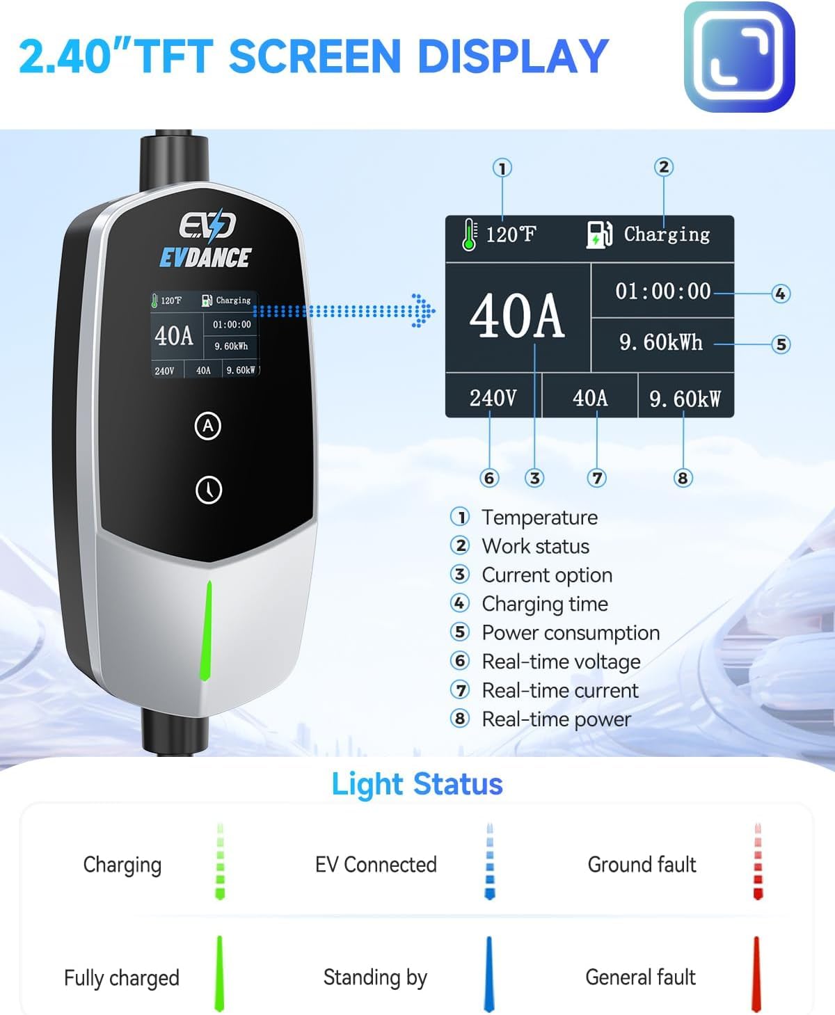 EVDANCE Level 2 EV Charger 40Amp, 240V 9.6KW Portable Electric Vehicle Charging Stations with NEMA 14-50P, 25FT Cable Adjustable Current/Timing Delay Home Electric Car Charger for J1772 BEVs/PHEVs