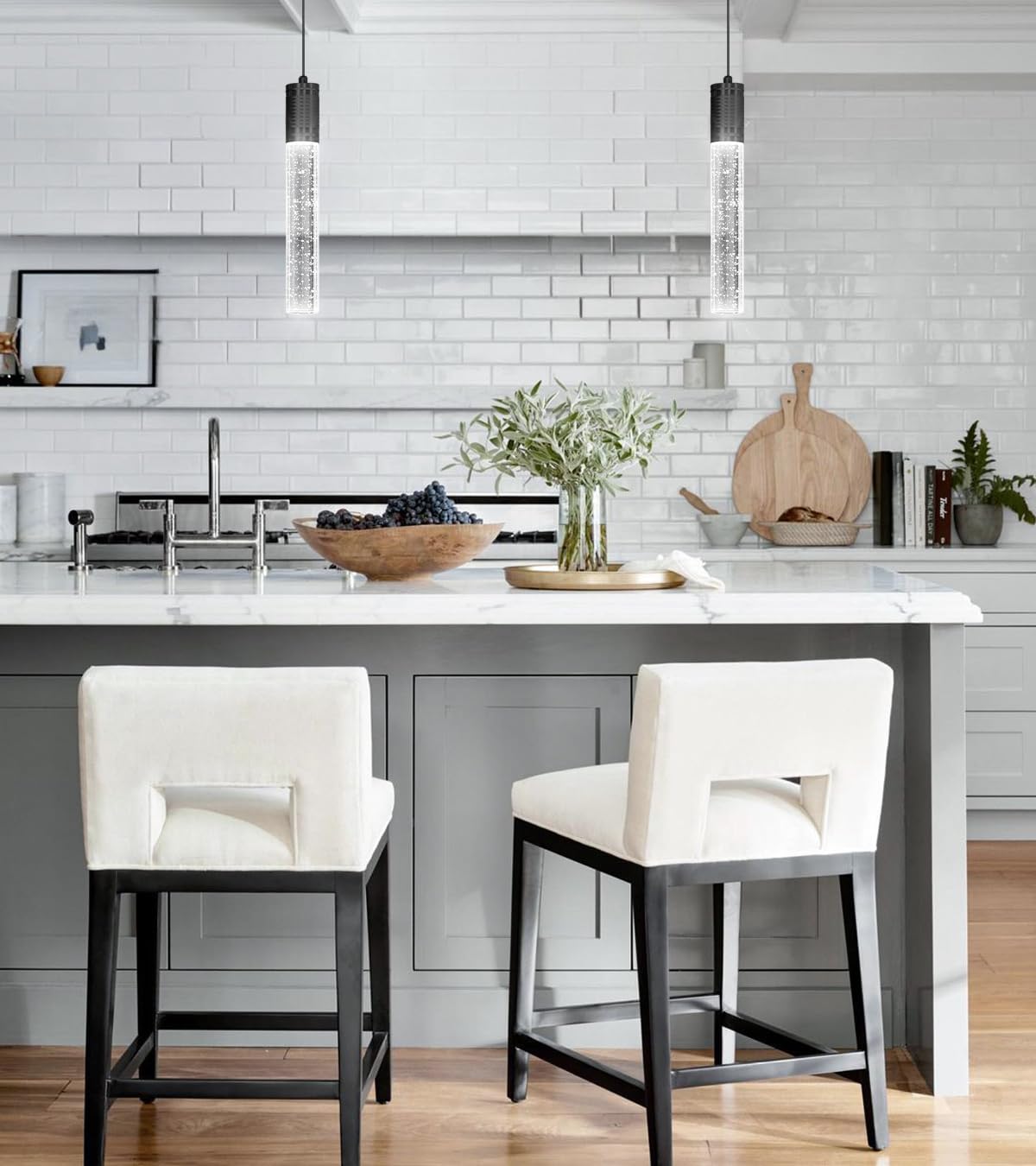 HAIXIANG Modern Kitchen Island Hanging Light Fixtures Crytstal Pendant Lighting for Kitchen Island Chrome Mini Chandelier with 6000K Daylight Bulb
