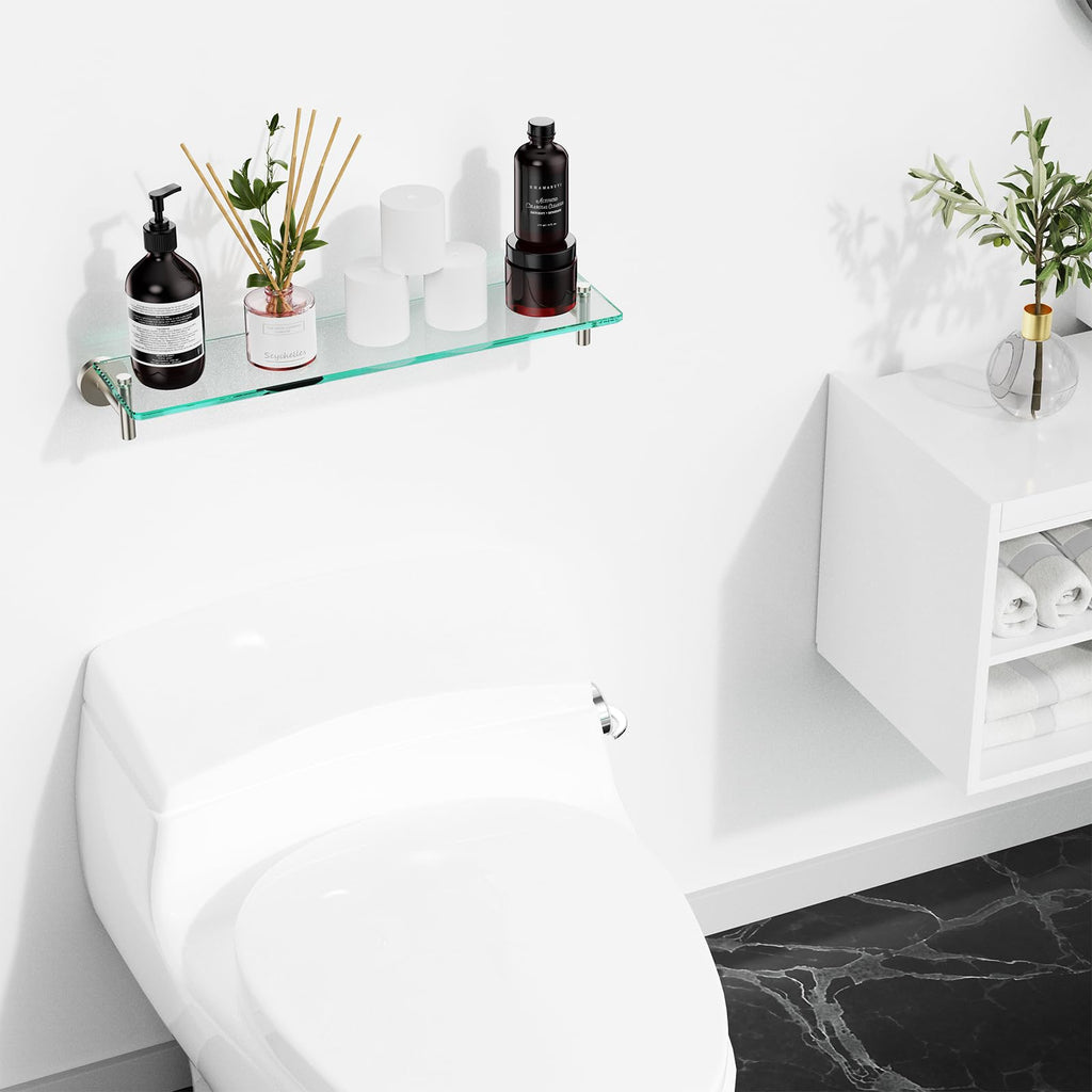 Glass Bathroom Shelves,Brushed Gold Floating Shelves for Wall Rectangular Modern Stainless Steel Glass Shelf for Bathroom Shelves wall Mounted 16 Inch