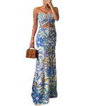 CHICME Floral Printed Vacation Dress Halter Tie Ruched Shirred Bandeau Party Dress Slim Ruffle Hem Wedding Guest Dress