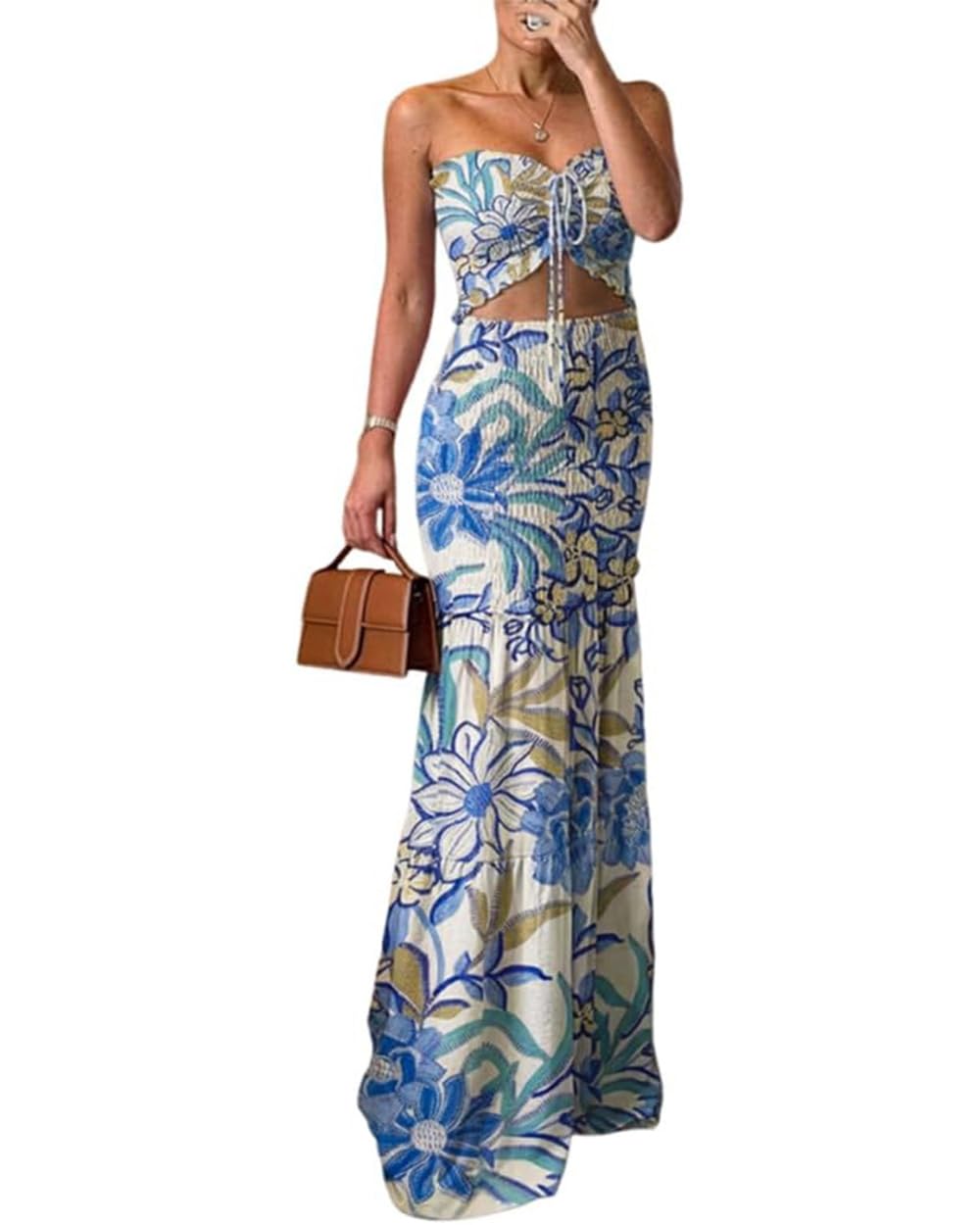 CHICME Floral Printed Vacation Dress Halter Tie Ruched Shirred Bandeau Party Dress Slim Ruffle Hem Wedding Guest Dress