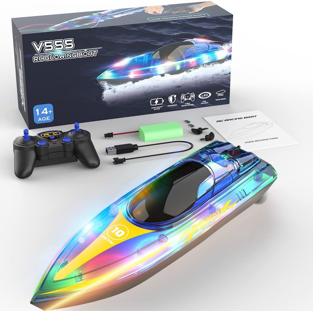Akargol RC Boat with LED - Remote Control Boat for Pools and Lakes 2.4 GHZ RC Boats with 2 Rechargeable Battery Whole Body Waterproof, Low Battery Alarm, Water Play Toy Gift for Boys&Girls
