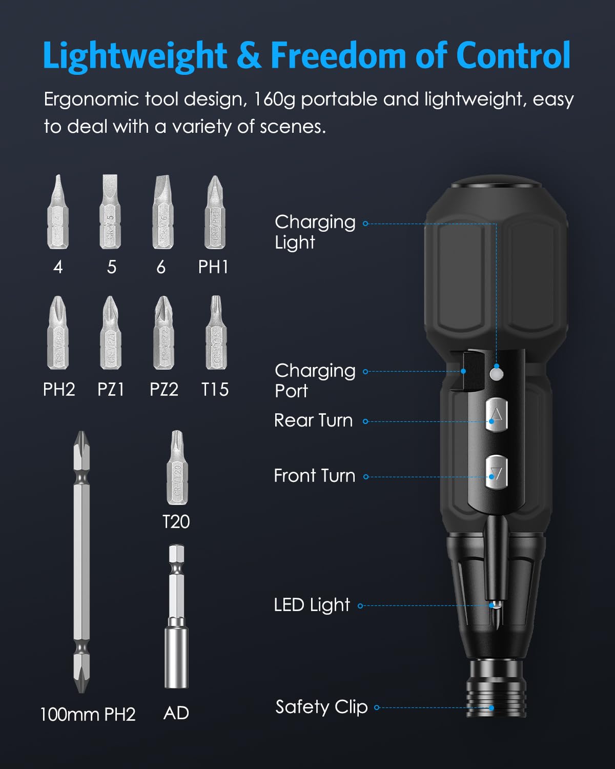 AMIR Cordless Power Screwdriver, Rechargeable Electric Screwdriver Sets, Portable Automatic Home Repair Tool Kit, Motorized Screwdriver with USB Cable and LED Lights