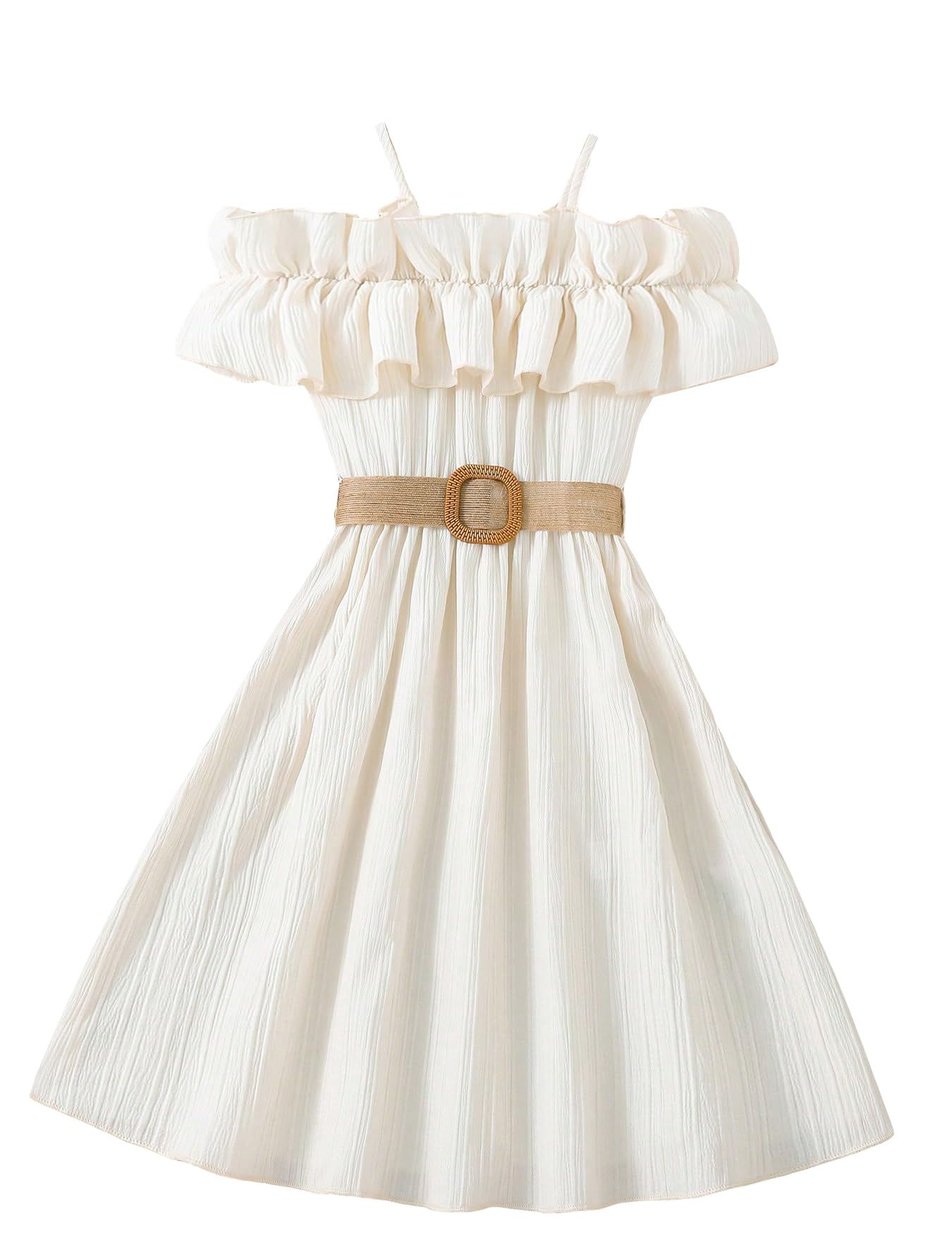 Floerns Girls Cold Shoulder Ruffle Trim Short Sleeve Belted A Line Midi Dress