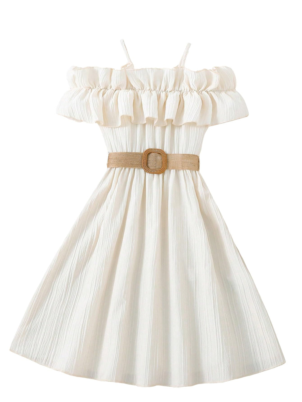 Floerns Girls Cold Shoulder Ruffle Trim Short Sleeve Belted A Line Midi Dress