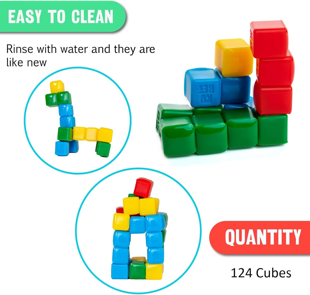 KOMARC GAMES StickiKubes - Mini STEM Building Blocks that Stick to Anything - 125 Non Toxic Sensory Stacking Cubes in 4 Colors