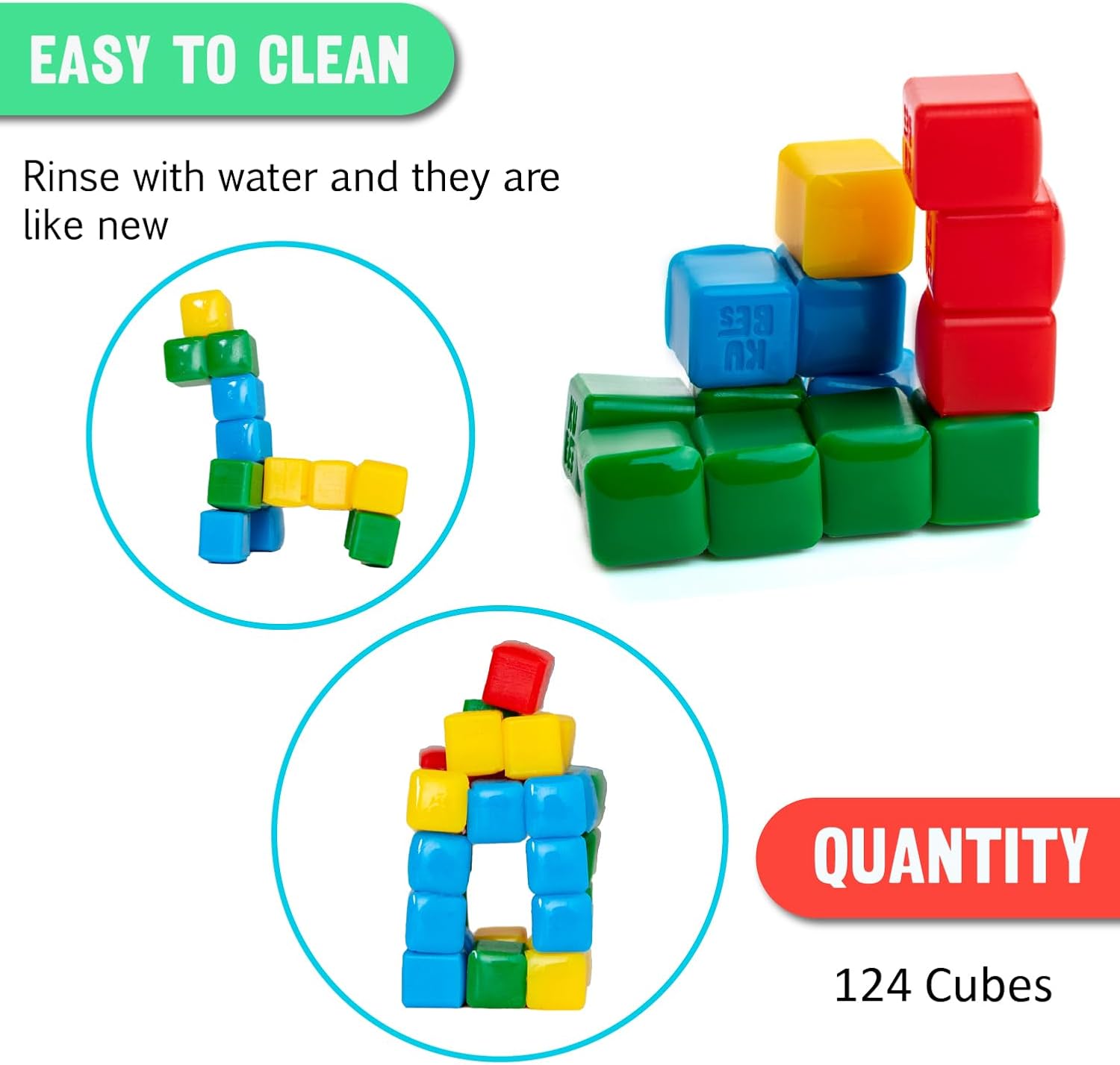 KOMARC GAMES StickiKubes - Mini STEM Building Blocks that Stick to Anything - 125 Non Toxic Sensory Stacking Cubes in 4 Colors