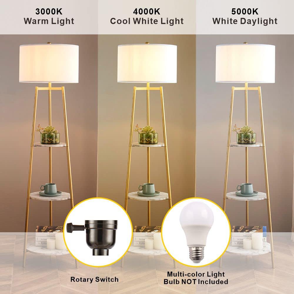 ROSEN GARDEN Floor Lamp, Standing Reading Light with Shelves and Fabric Shade, Modern Tall Pole Lamp, Accent Furniture Décor Lighting for Living Room, Bedrooms (Gold, 4-Tier)