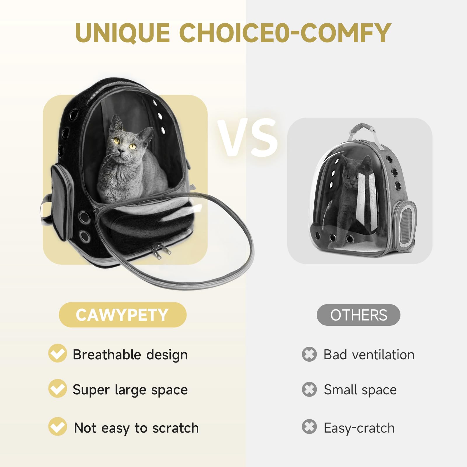 Cawypety Cat Backpack Carrier, Breathable Cat Carrier Large Space Bubble Pet Backpack for Kitty Small Dog up to 12lbs, Transparent & Foldable Pet Carrier for Travel Hiking (Black