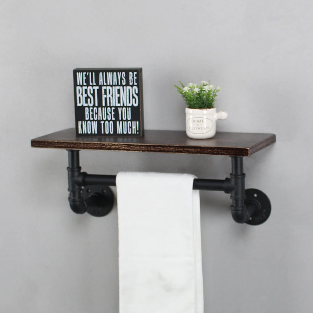 MBQQ Industrial Pipe Shelf Bathroom Shelves Wall Mounted,19.6in Rustic Wood Shelf with Towel Bar,1 Tier Farmhouse Towel Rack,Pipe Shelving Floating Shelves Towel Holder,Black & White