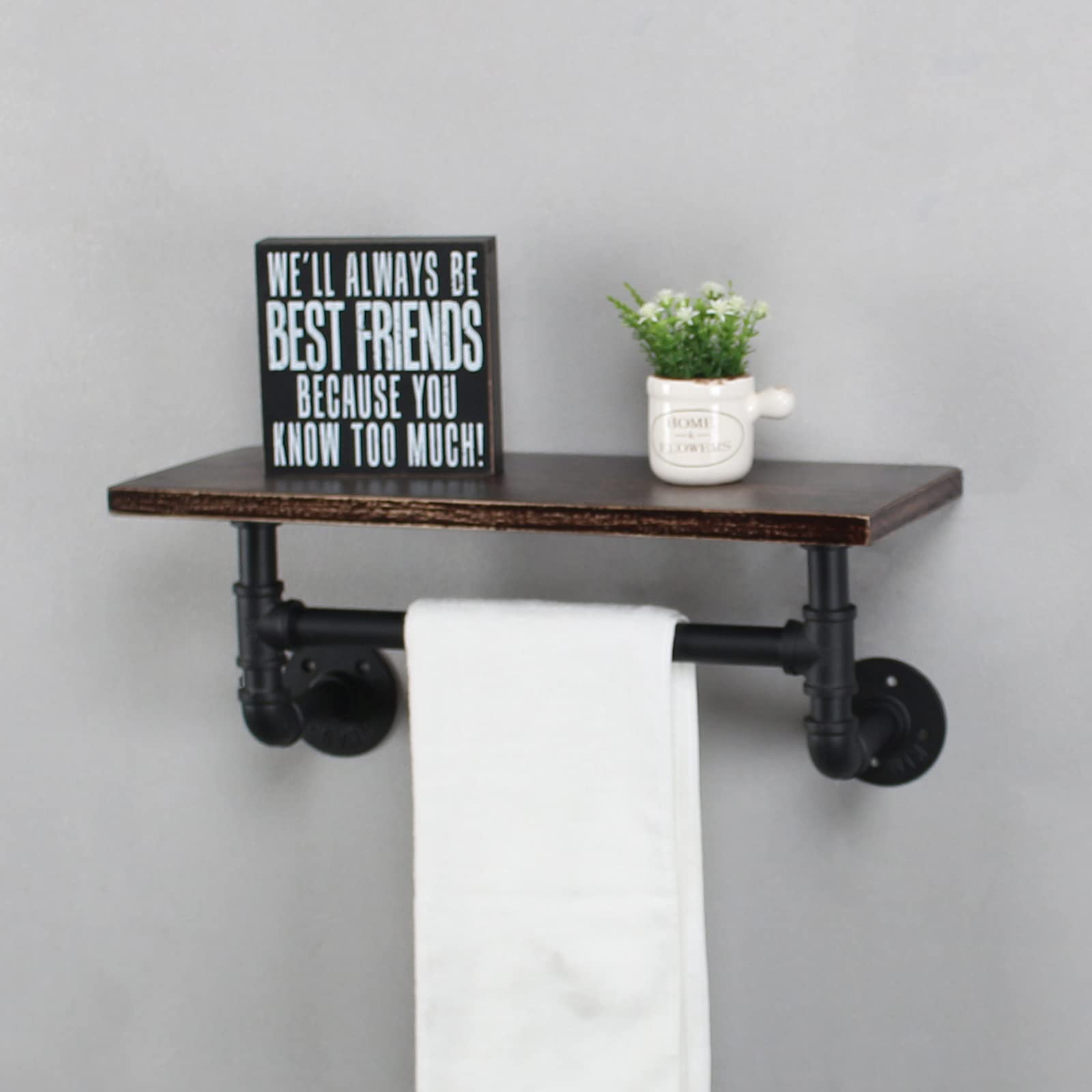 MBQQ Industrial Pipe Shelf Bathroom Shelves Wall Mounted,19.6in Rustic Wood Shelf with Towel Bar,1 Tier Farmhouse Towel Rack,Pipe Shelving Floating Shelves Towel Holder,Black & White