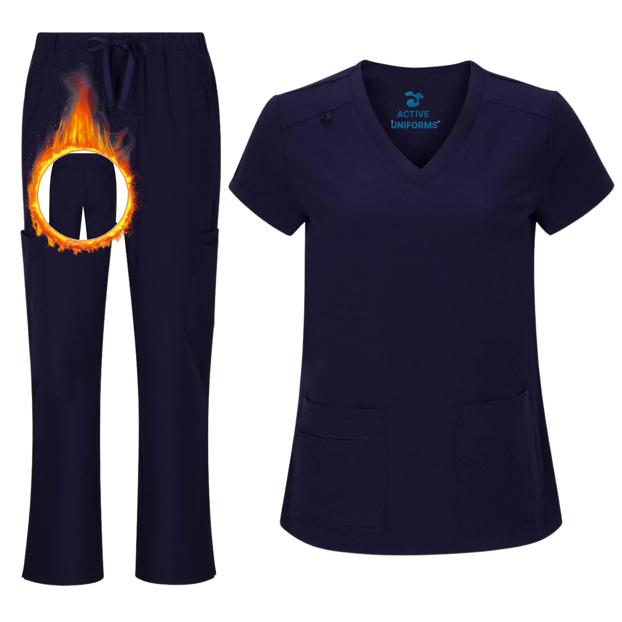 Women's Cool Stretch V-Neck Top and Cargo Pant Scrub Set with Regular and Petite Sizes