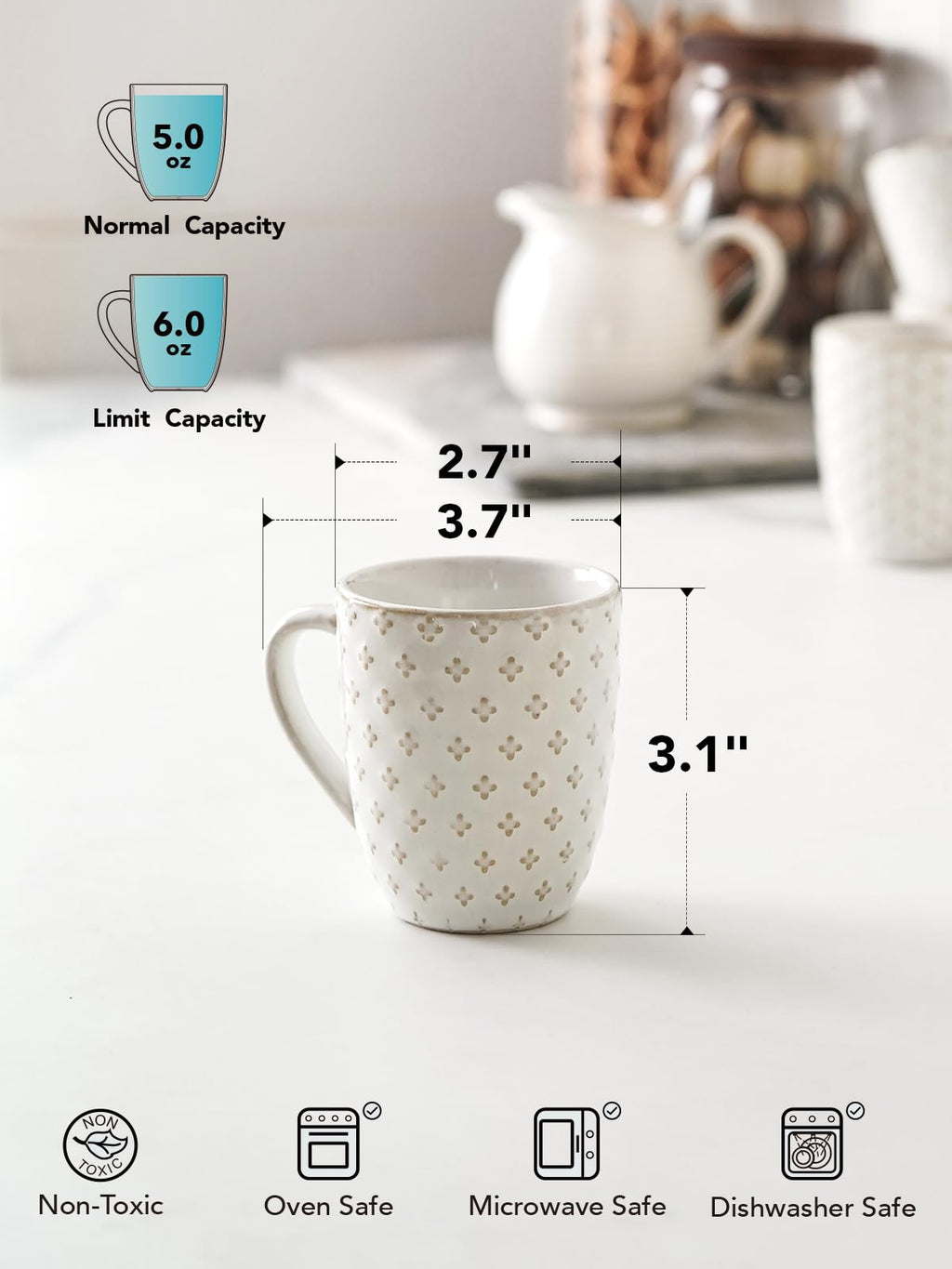 LE TAUCI Espresso Cups 6 oz, Ceramic Demitasse Cup, Small Coffee Mugs for Double Shot, Latte, Cappuccino, Lungo, Kids Mugs With Handle, Suit For Housewarming - 2.7 inch, Set of 4, Arctic White