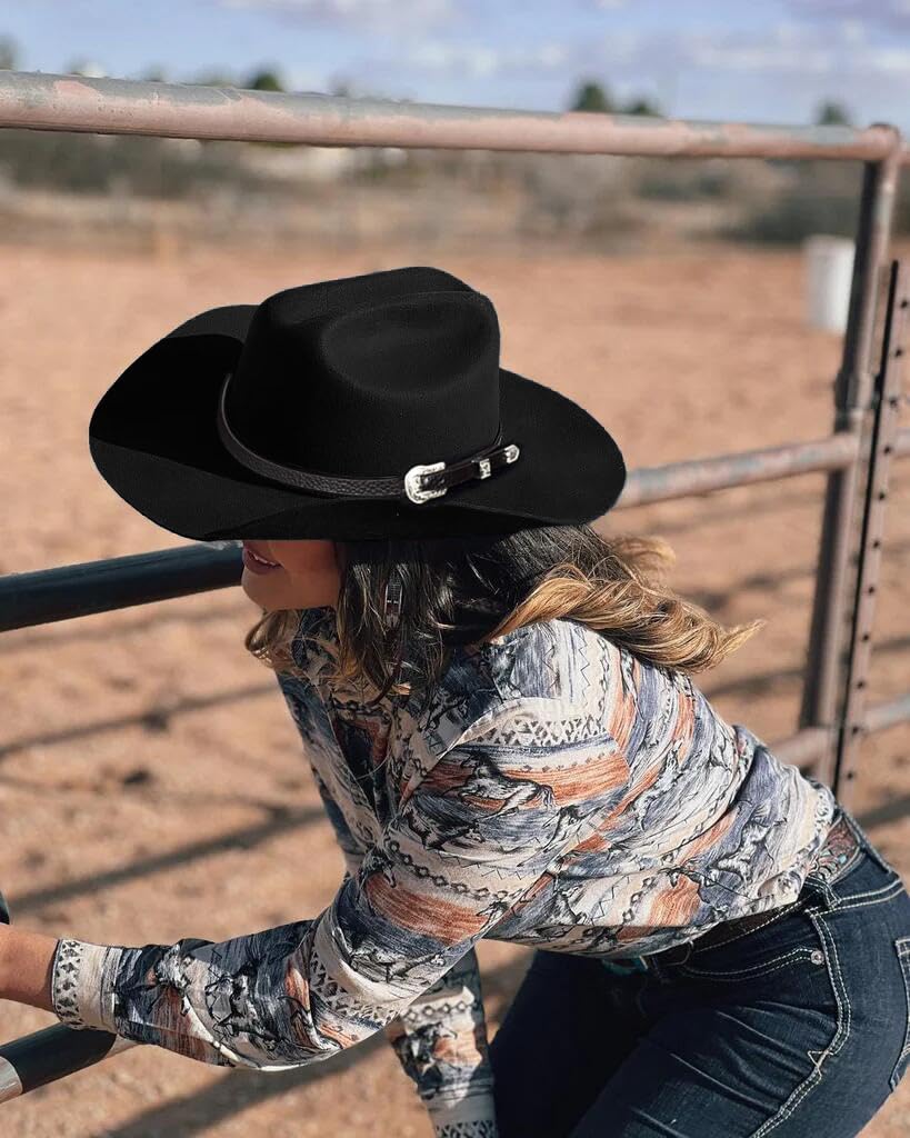 Eohak Womens Western Cowboy Hats Studded Pinched Western Cowgirl Hats Wide Brim Fedoras Hat with Belt Buckle (Size:Medium)