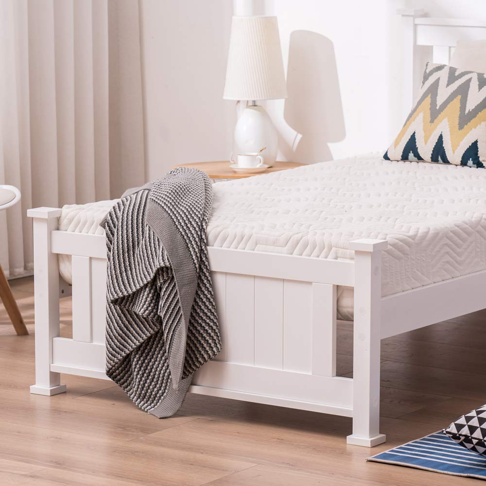 Bonnlo Twin Size Solid Wood Platform Bed Frame, Single Bed with Headboard, No Box Spring Needed Panel Bed, Wood Slat Support Mattress Foundation, White