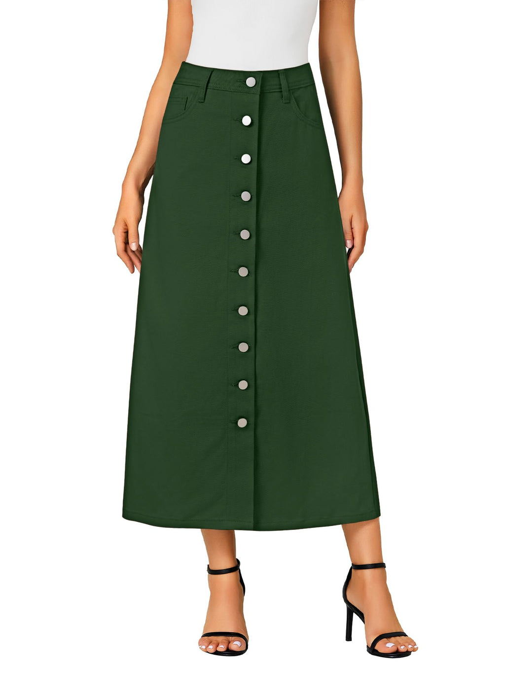Vrtige Women's Casual Button Down High Waisted A Line Jean Midi Long Denim Skirt with Pockets