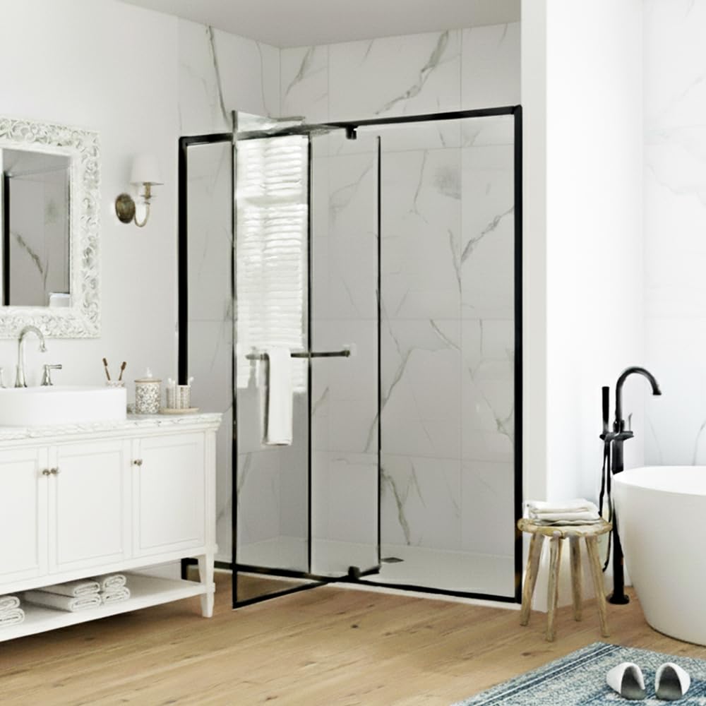 28” x 72” Pivot Shower Door, 1/4 inch Tempered Glass Panel Pivot Swing Shower Door in Matte Black Finish, Semi-Frameless Design