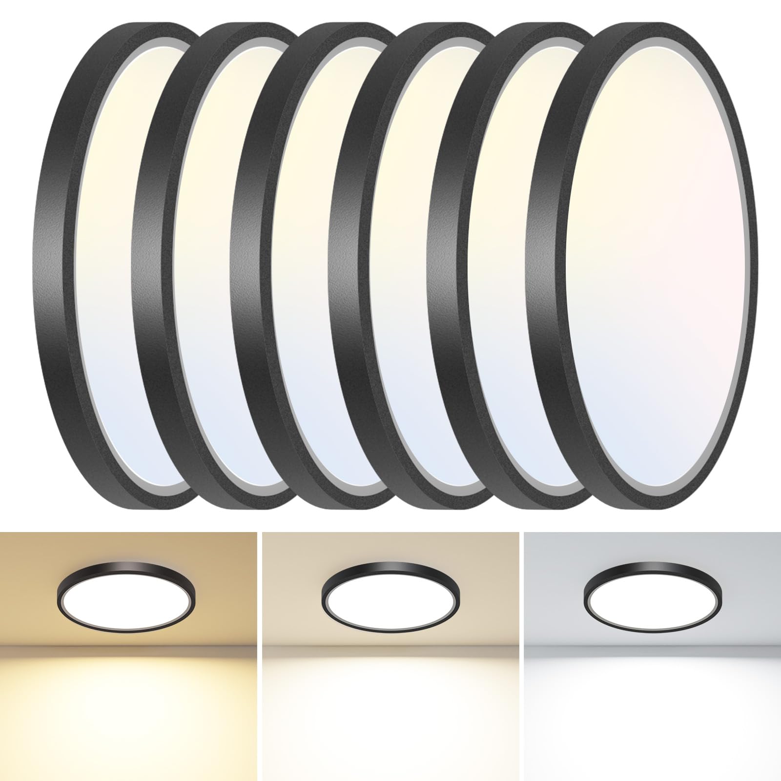 1PACK LED Flush Mount Ceiling Light Fixture, 3000K-4000K-6500K & 100W Equivalent Modern Kitchen Ceiling Lamp 15W 1500Lm 7.5 Inch Closet Round Surface for Bathroom Laundry Bedroom Hallway, Black